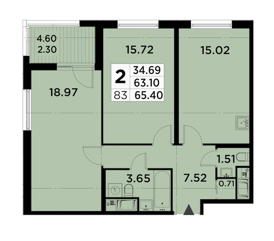 2-комнатная квартира 65.4 м², 13/14 эт., ЖК «GloraX City Zanevsky»